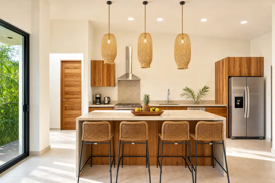 Casa Guiones kitchen with marble island and teak cabinetry