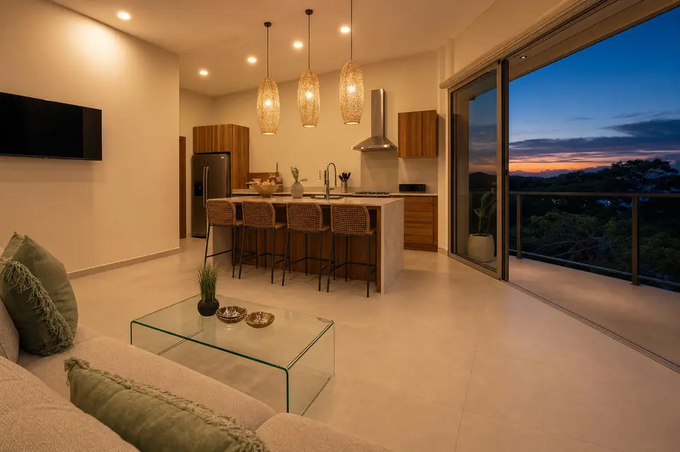 Suite Luna open-plan living at dusk