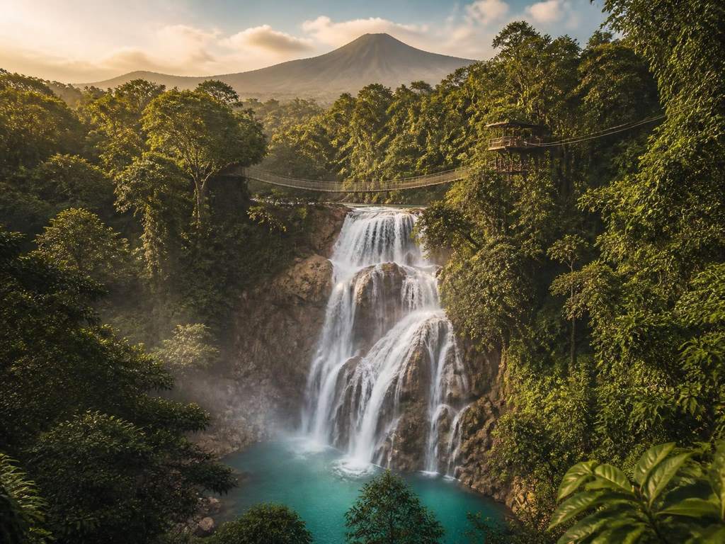 Jungle waterfall, canopy hanging bridge and volcano ridge on a day trip from Nosara, Costa Rica