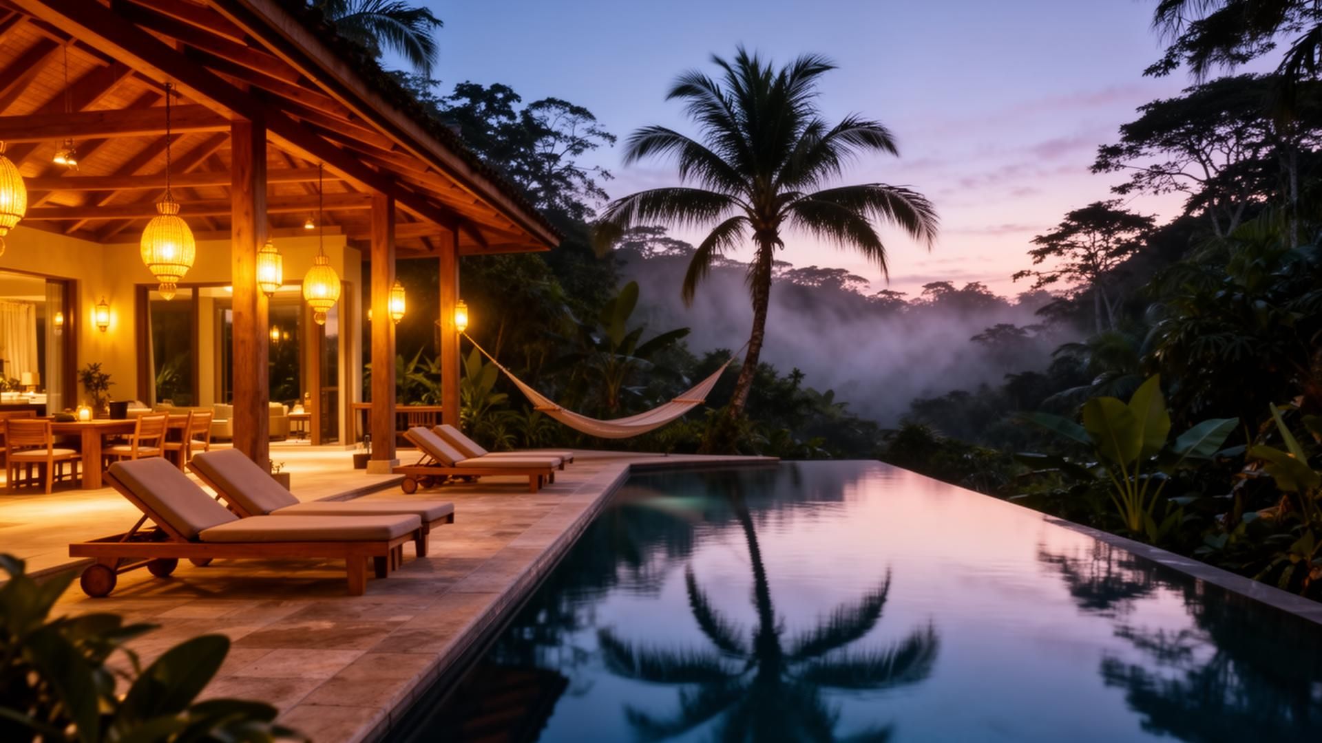 Noma estate at dusk with lantern-lit terrace and infinity pool
