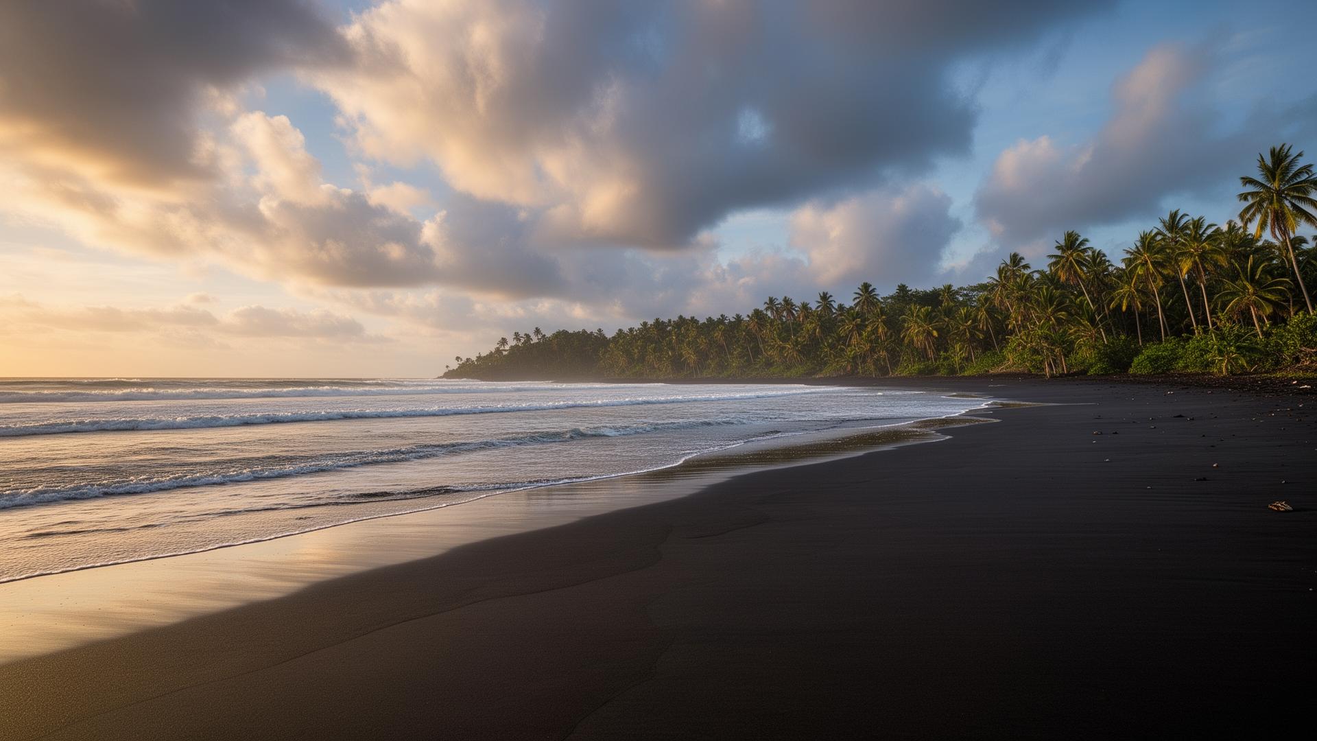 Empty Playa Ostional at dawn with dark volcanic sand and palms in the distance