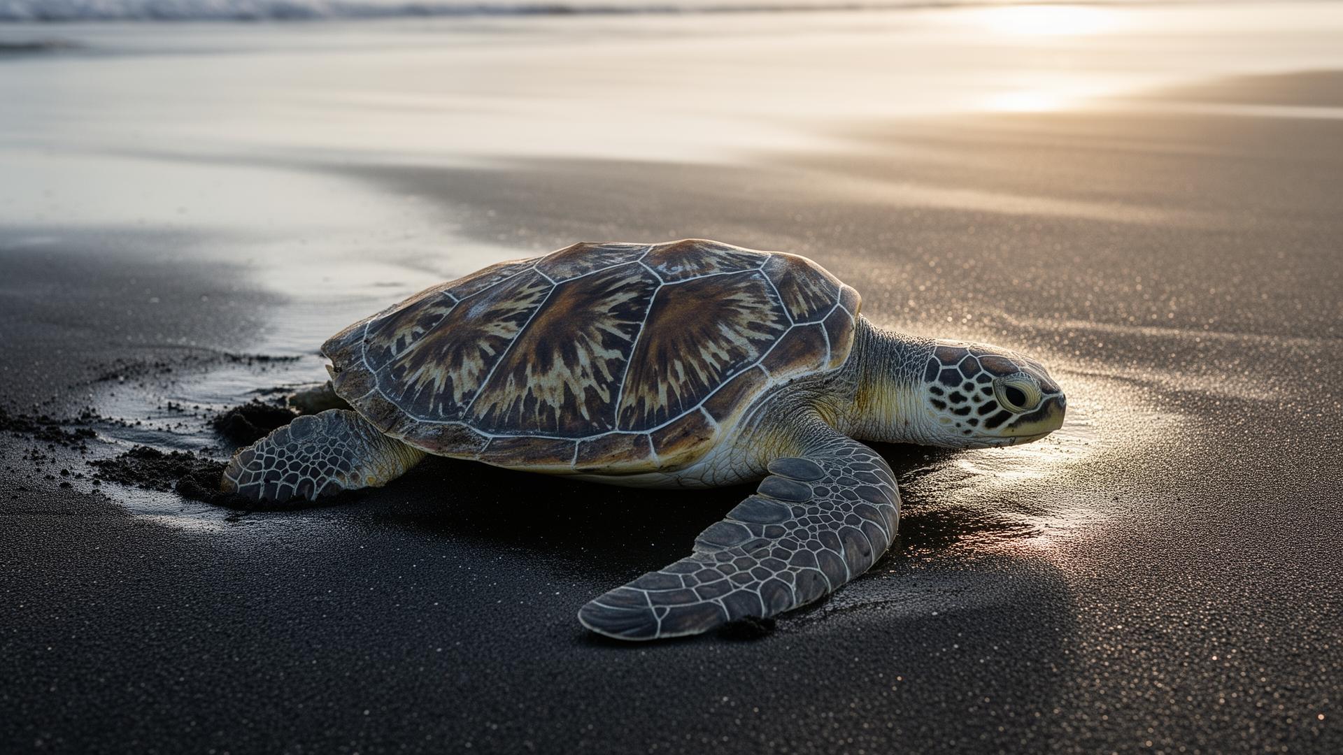 A single adult olive ridley sea turtle on the dark volcanic sand at Ostional