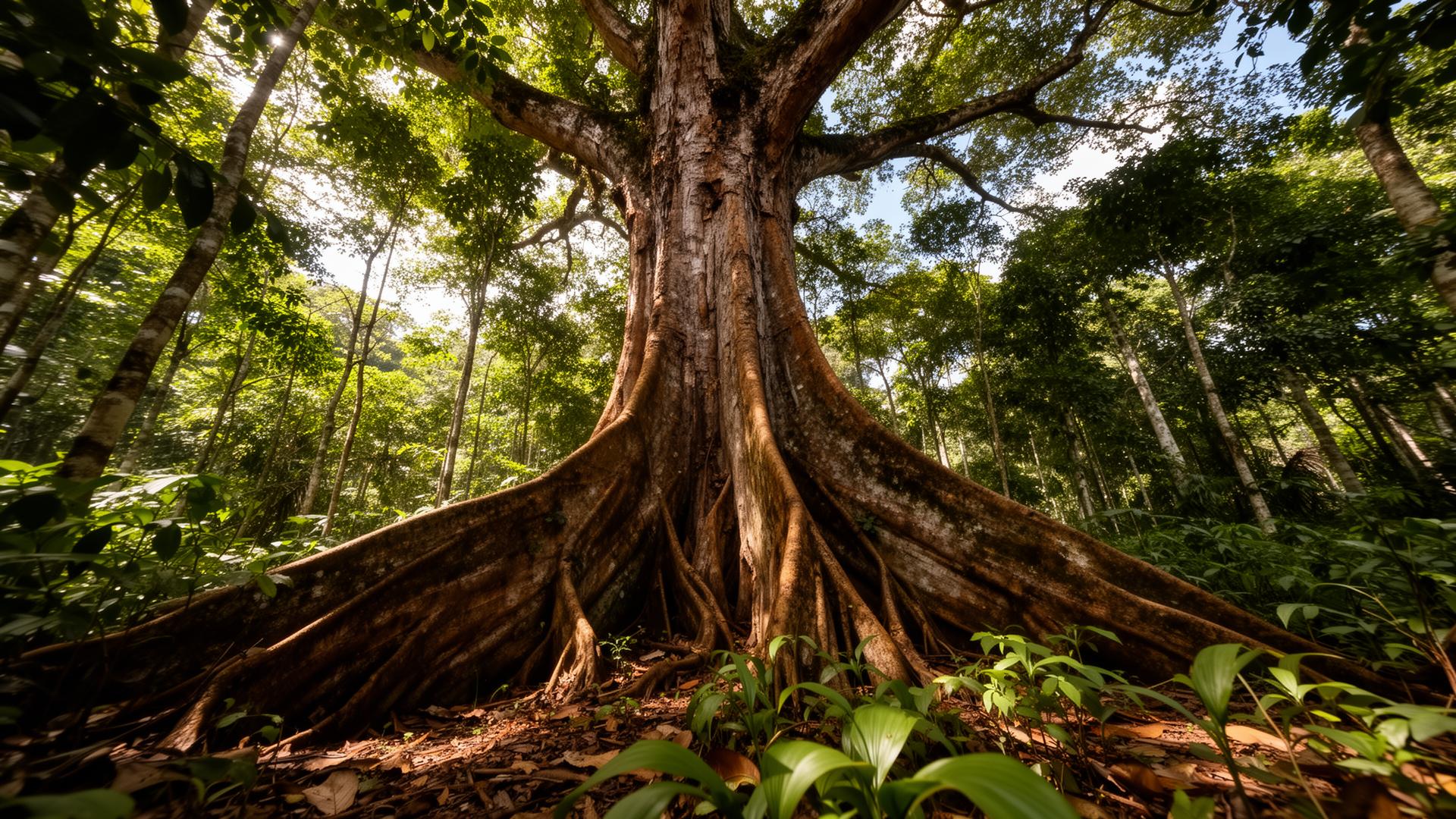A massive ancient ceiba tree with sprawling buttress roots in a Costa Rican dry tropical forest
