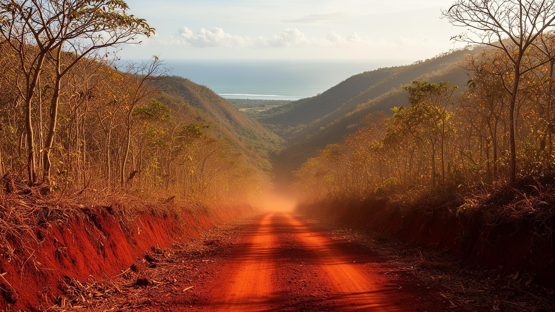 A red-earth ridge road in the Nicoya Peninsula hills