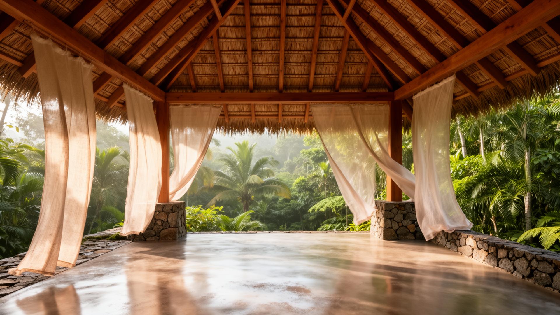 Open-air teak and stone meditation pavilion in the Nosara jungle