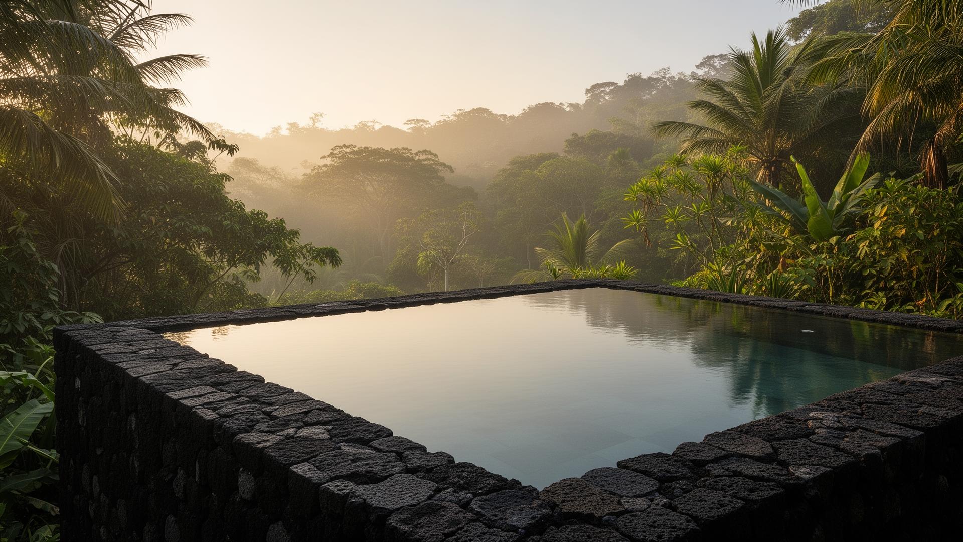 Volcanic-stone plunge pool overlooking the Nosara jungle at dawn