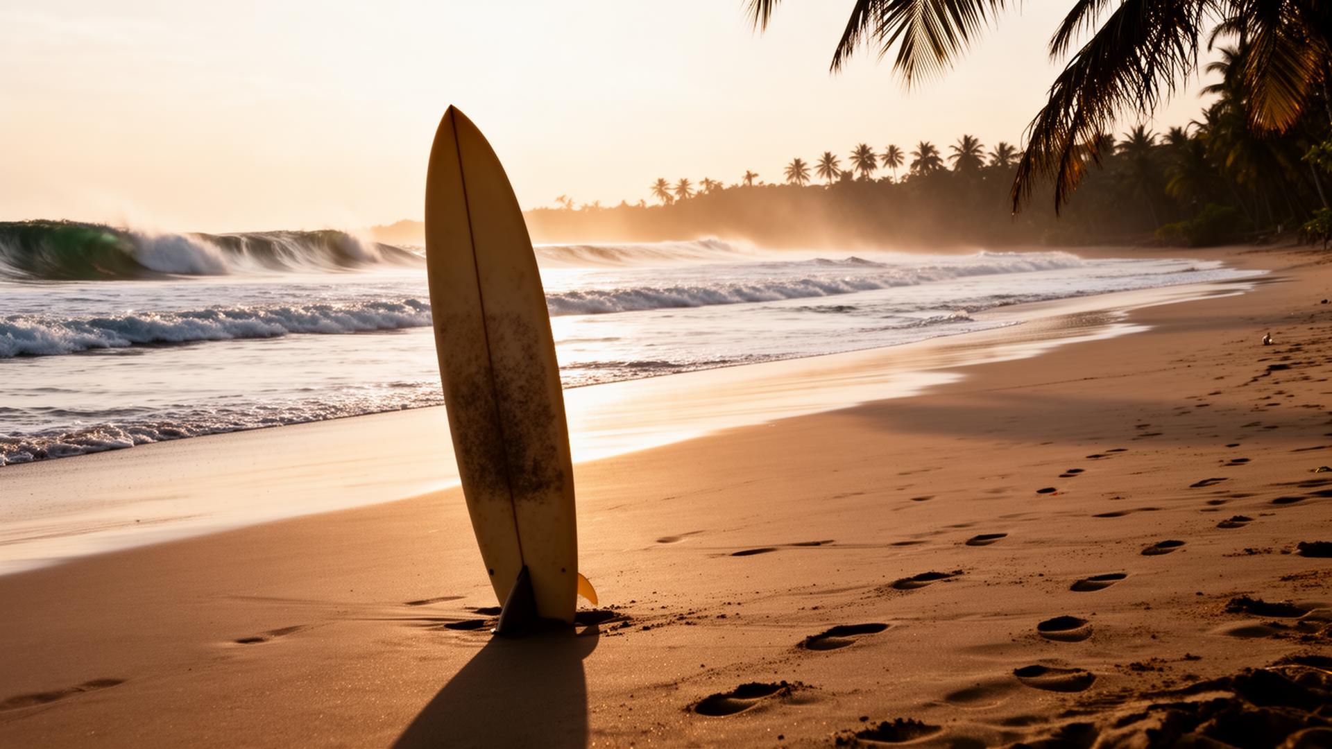 A surfboard stuck upright in the sand at Playa Guiones at sunrise
